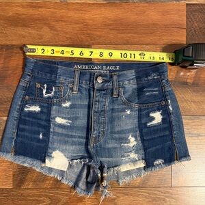 American Eagle Outfitters Distressed Dark Blue Patchwork Denim Shorts